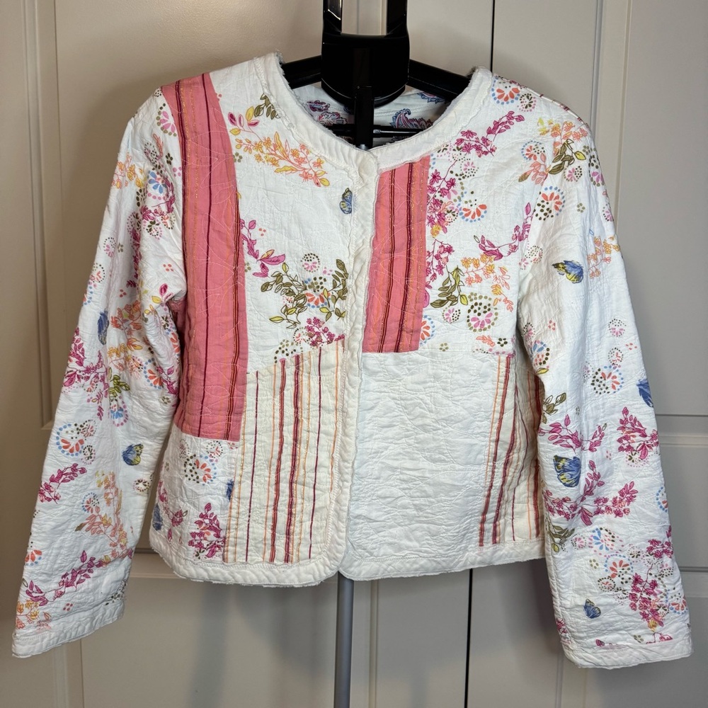 J.Jill Paisley Petite Floral Patchwork Quilted Jacket Snap Front White Pink SzMP